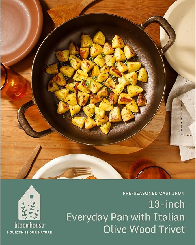 Bloomhouse - Two Time Oprah's Favorite Things Winner - Natural Bronze Finish 13" Round Cast Iron Everyday Pan – Olive Oil Treated Surface w/Dual Handles Olive Wood Trivet Oven Stovetop Campfire Safe