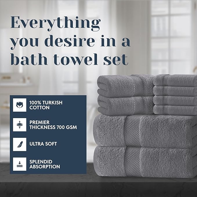White Classic Luxury Bath Towel Set of 8 Pieces - 100% Turkish Cotton Highly Absorbent Towels for Bathroom, 2 Luxury Bath Towels 700GSM, 2 Hand Towels, 4 Washcloths, Dark Gray