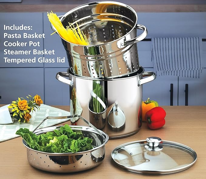8 Qt 4-Piece Stainless Steel Multipot Set - Stock Pot with Steamer Basket, Colander & Heat-Resistant Glass Lid | Stay-Cool Handles, Durable Cookware for Large Gatherings & Daily Cooking