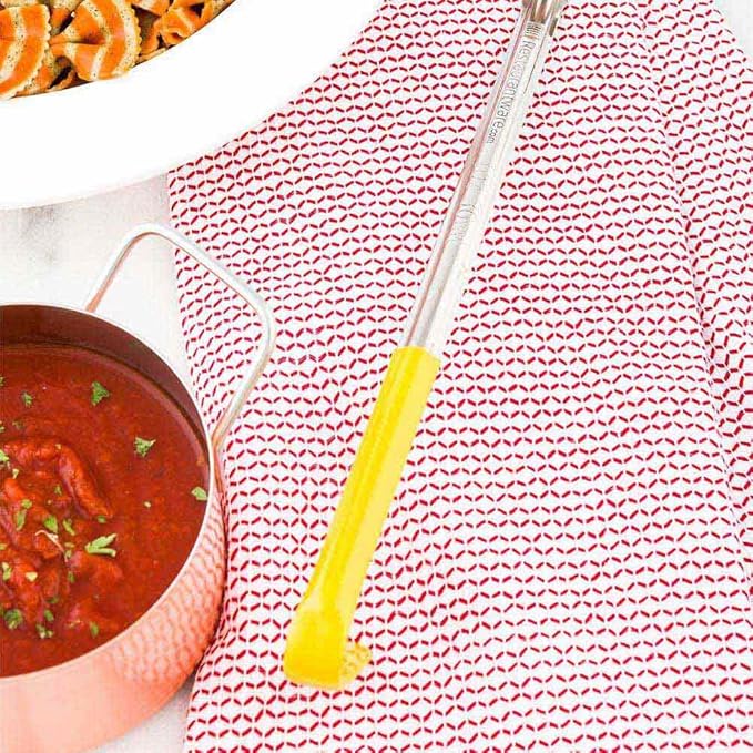 Restaurantware Met Lux 1 Ounce Soup Ladle 1 Hook Handle Serving Spoon - With Yellow Handle Dishwashable Stainless Steel Cooking Ladle For Pouring And Cooking Perfect for Soup Chilli Or Batter