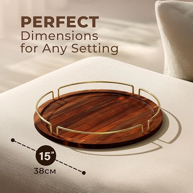 Round Serving Tray - Acacia | Serving Platter Snack Tray for Party Hosting - Trays for Serving Food, Charcuterie, Fruit Platter Tray for Parties, Appetizer Dishes & Dessert Trays