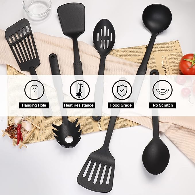 TJ POP Kitchen Utensils Set, 7PCS Cooking Utensils Set 410F° Heat Resistant & Non-stick Food Nylon Kitchen Gadgets Accessories For Cookware, BPA Free Kitchen Tools Gift (Black)