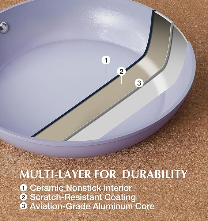 KOCH SYSTEME CS Frying Pan with Lid, 10 Inch Frying Pan with Nonstick Ceramic Coating, Nonstick Fry Pans with Lid, Oven Safe Skillet, Induction Compatible, Purple