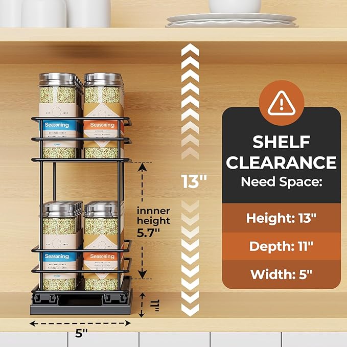 Pull Out Spice Rack Organizer for Cabinet, Slide Out Spice Racks, Easy to Install, 4.0''Wx10.35''Dx8.26''H, 1 Drawer 2 Tiers(Black)