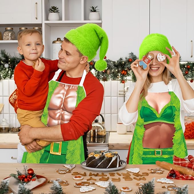 4 Pcs Christmas Aprons with Hats for Women Men Adjustable Kitchen Funny Cooking Aprons for BBQ Party