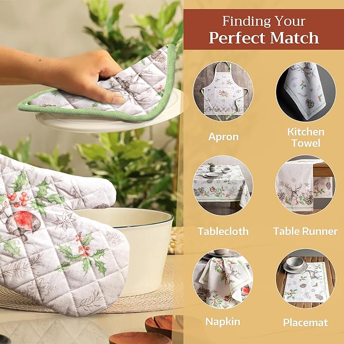 Maison d' Hermine 100% Cotton Oven Mitt & Pot Holder Set (7.5"x13" & 8"x8") Heat Resistant BBQ Cooking Gloves with Loop for Thanksgiving Christmas Decorations Handling Hot Pans (Christmas Dew)