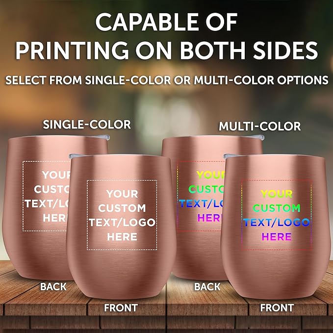 Custom Stemless Wine Glass Tumblers with Lids by Largo 11 oz. Set of 12, Personalized Bulk Pack - Perfect for Wine, Cocktails, Other Hot & Cold Beverages - Rose Gold