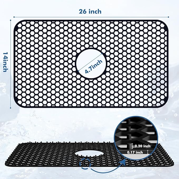 Silicone Sink Protectors for Kitchen Sink with Center Drain, 26"x 14" Kitchen Grid Accessory, Non-Slip Heat-Resistant Mat for Bottom of Farmhouse Porcelain Stainless Steel (Center Hole,Black)