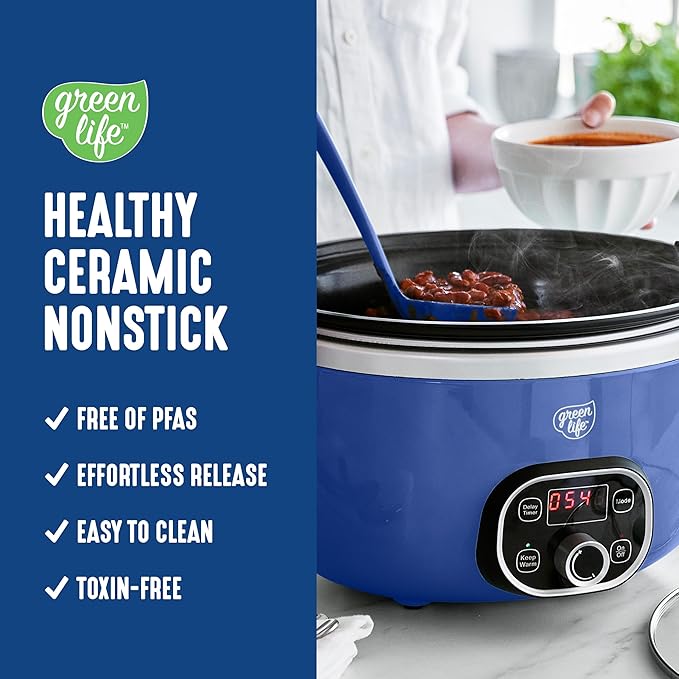 GreenLife 6QT Slow Cooker, Non-Toxic PFAS-Free Ceramic Nonstick Removable Interior Bowl, Programmable, Family Friendly, Keep Warm, Stovetop & Oven Safe, Dishwasher Safe Crock, Timer, Glass Lid, Blue