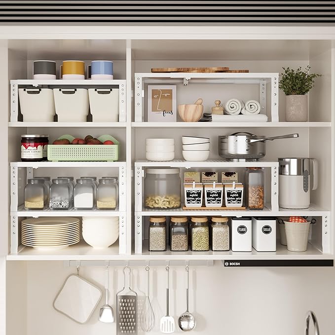 Expandable Spice Rack & Kitchen Cabinet Organizer - Stackable, Adjustable Shelves for Cabinets, Countertops, Cupboards & Pantries(3 Packs/Medium/White)