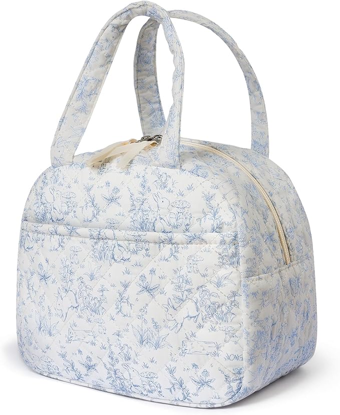 Quilted Lunch Box for Women,Lunch Box for Teen Girls,Cute Blue Rabbit Lunch Bags for Work, School,Office,Picnic,Travel (blue floral rabbit)
