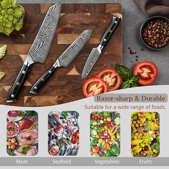 Wakoli Nitoko 3-Piece Kiritsuke Knife Set – Professional Damascus Kitchen Knives | 67-Layer VG10 Core Steel | Ergonomic G10 Handles | Japanese-Style Chef Knife Set in Wooden Gift Box