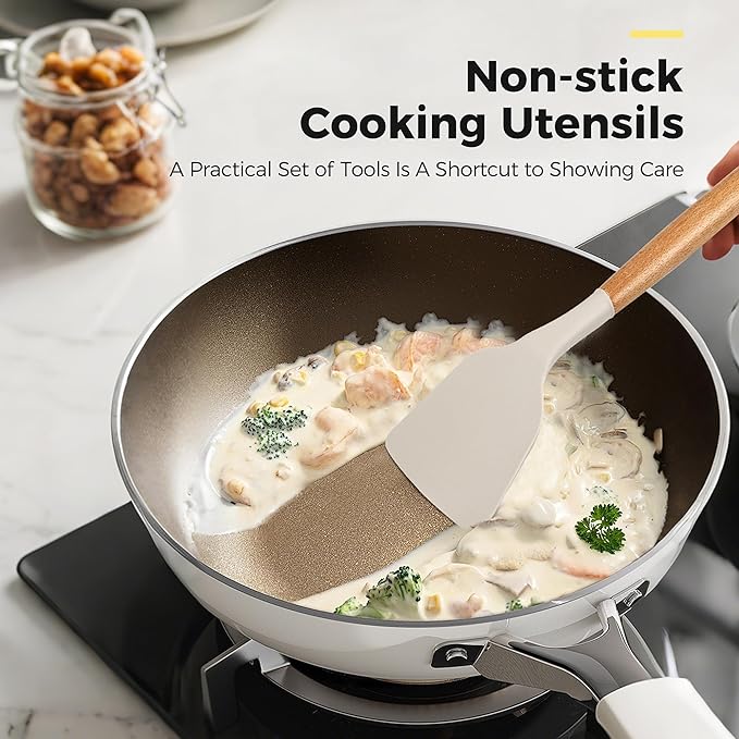 Kitchen Utensils Set with Wooden Handle, 26 Pieces Heat Resistance Silicone Cooking Utensils Set with Holder, Food Grade Non-Stick Silicone Spatula, Kitchen Set for Cooking (Khaki)