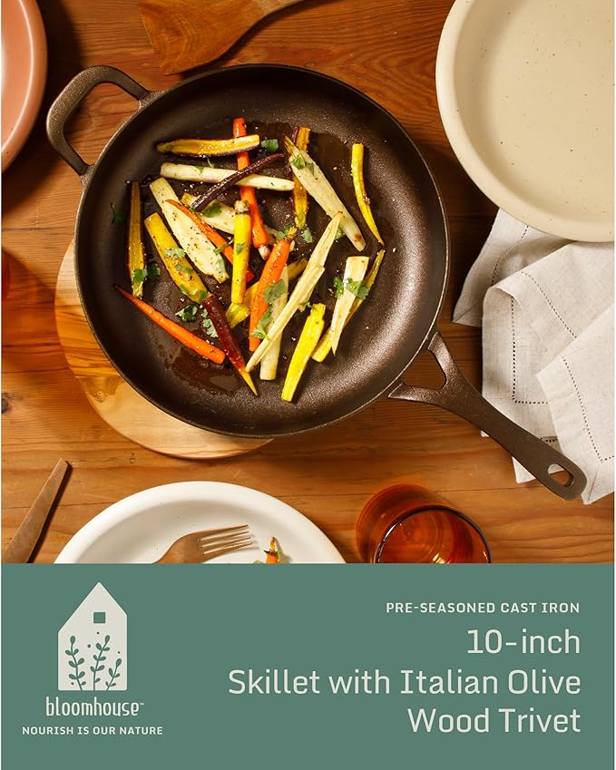Bloomhouse - Two Time Oprah's Favorite Things Winner - Natural Bronze Finish 10" Cast Iron Skillet w/Long Handle, Helper Handle & Olive Wood Trivet – Olive Oil Treated Fry Pan, Oven & Stovetop Safe