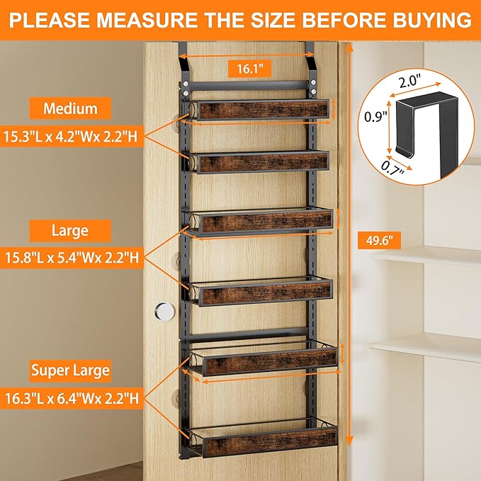 Over The Door Pantry Orangizer,6 Tier Wall Mounted or Hanging Spice Rack with Adjustable Wood Basket,Metal Heavy Duty Behind Door Storage Shelf for for Kitchen Pantry and Bathroom