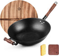 WANGYUANJI Cast Iron Pot,13.4 inch Craft Wok Chinese Wok,Flat Bottom Iron Woks with Lid,Fry Pan Suitable for Induction, Electric, Gas, Halogen All Stoves-Black