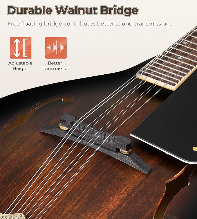 Vangoa Mandolin Instrument A Style, Acoustic Mandolin Musical Instrument Solid Spruce Top 8 String for Beginners, Adults, Teens, Dark Brown