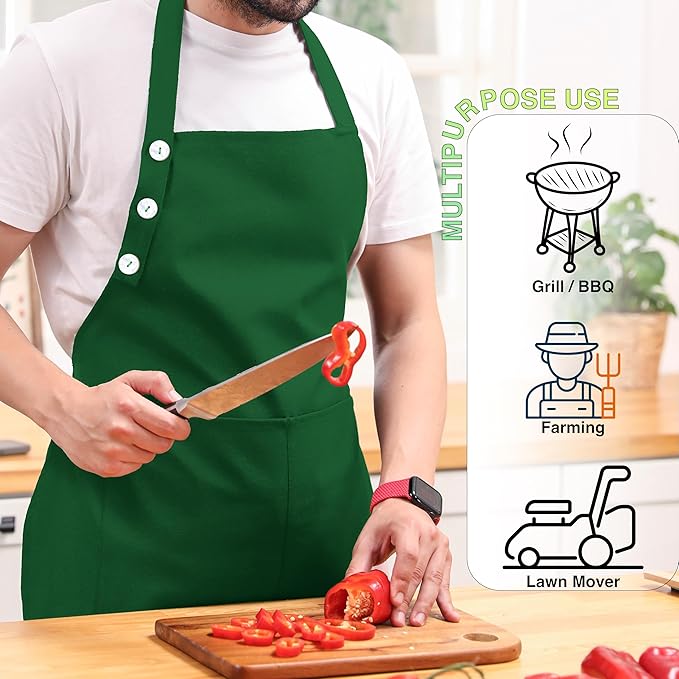 TOSHE Kitchen Apron Waterdrop Resistant Cotton Apron with adjustable Aprons for Women with Pockets 12 Color option Cooking Green Apron (Green)