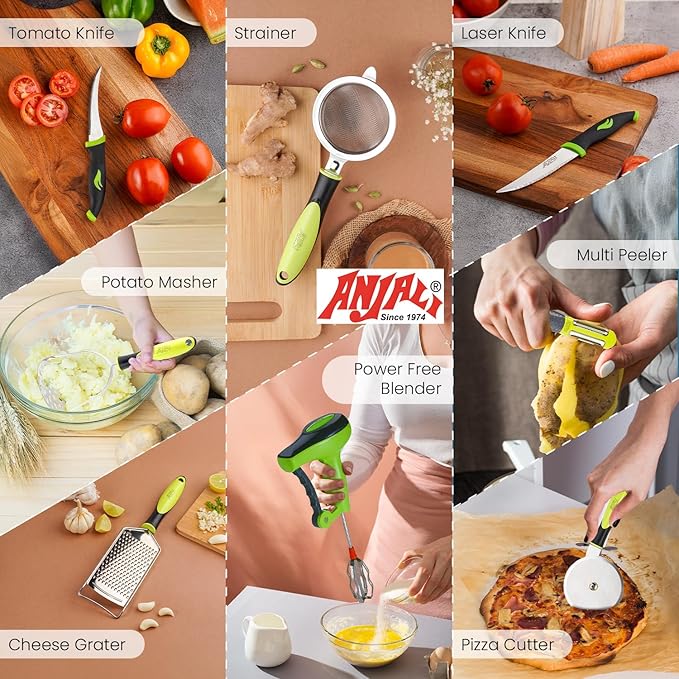 Anjali 8-Piece Olive Kitchen Tool Set – Stainless Steel Strainer, Cheese Grater, Pizza Cutter, Peeler, Potato Masher, 9.3" Veg Laser Knife, 7.9" Tomato Knife & Manual Hand Blender