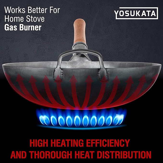 YOSUKATA 14” Round Bottom Carbon Steel Woks and Stir Fry Pans – Unseasoned Pow Wok for Stir Fry, BBQ & Camping – Hand-Hammered Traditional Japanese and Chinese Pan – Gas Stove, Open Fire Only