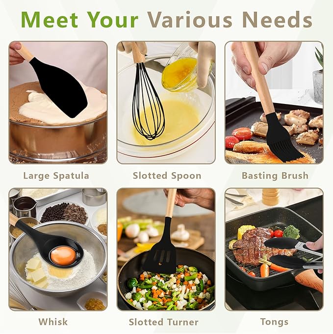 Silicone Cooking Utensils Set with Holder, 12 Pcs Heat Resistant Kitchen Utensils Set with Wooden Handle, BPA-free Spatula, Tongs, Spoons Set for Nonstick Cookware, Black