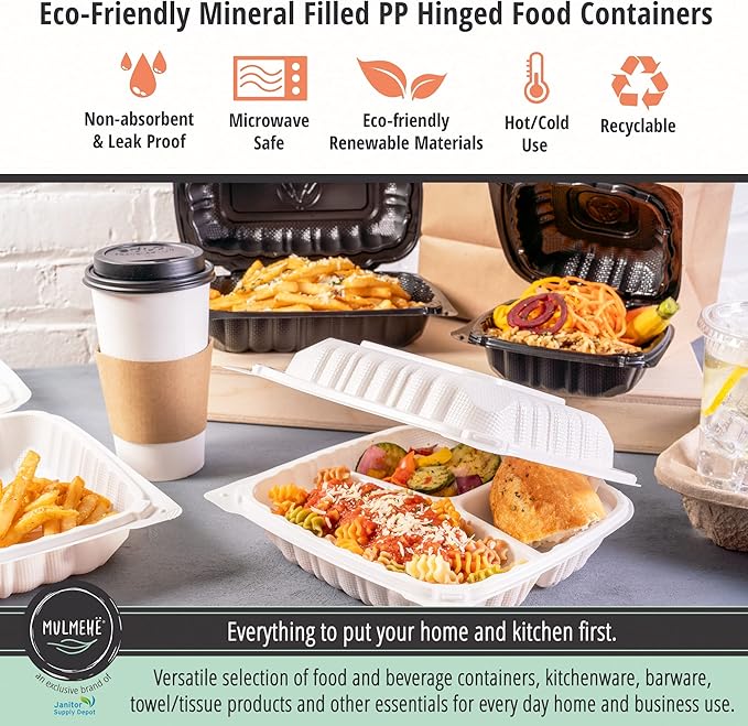 MULMEHË Eco-Friendly Mineral Filled Polypropylene Plastic Hinged Take Out Food Containers, 10x10x3, Vented Single Compartment, Black (200)