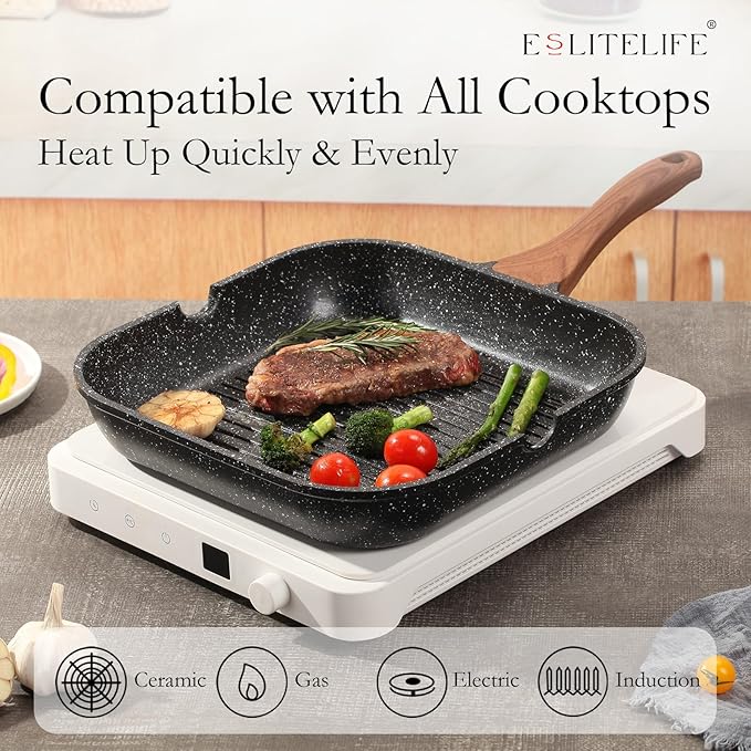 ESLITE LIFE 11 Inch Nonstick Grill Pan for Indoor Cooking, Versatile Induction Square Large Grilling Skillet Steak Pan for Stove Tops, PTFE & PFOA Free, Black