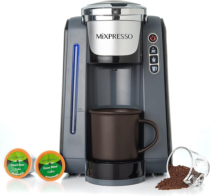 Mixpresso Single Serve Cup Coffee Maker With 4 Brew Sizes for 1.0 & 2.0 Cup Pods, Removable 45oz Water Tank, Quick Brewing with Auto Shut-Off, Rapid Brew Technology Gray Coffee Maker