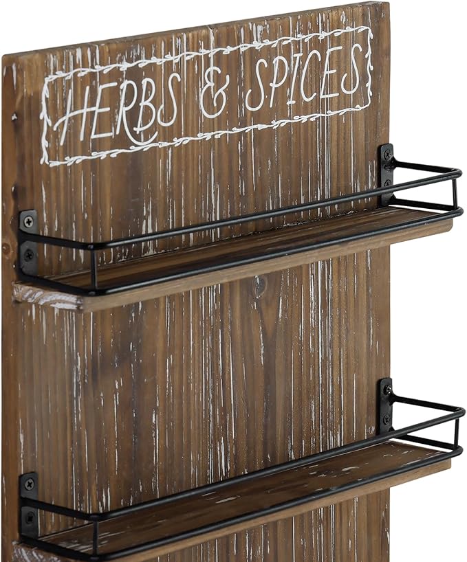 Farmhouse Wall Mount Spice Rack, Brown Wooden 3-Tier Shelf Organizer, Kitchen Pantry Wall-mounted Space Saving Storage Holder for 18 Jars