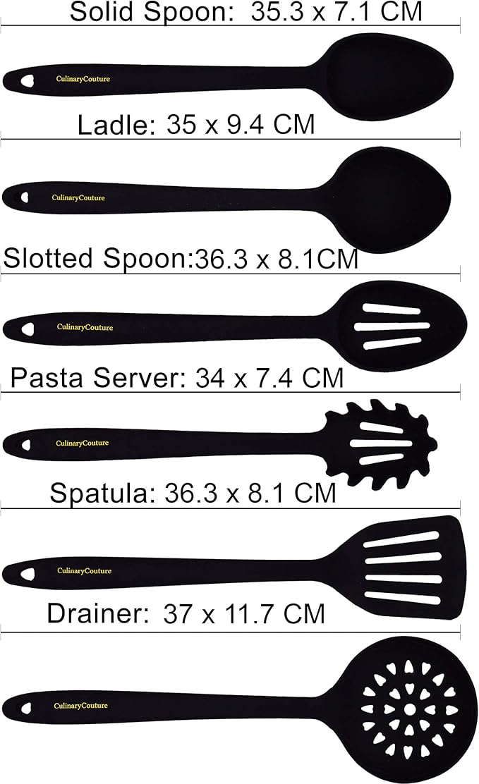 Culinary Couture Black Silicone Kitchen Utensils Set of 6, Non-Stick Heat-Resistant Silicone Kitchen Utensils Set with Steel Inner Core