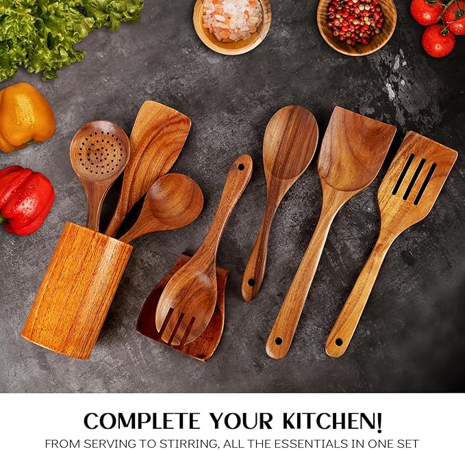 Wood Spoons for Cooking,9 Pcs Natural Teak Wooden Cooking Utensils Set with Holder ＆ Spoon Rest, Soft Comfort-Grip Wooden Kitchen Utensil Set for Non-Stick Cookware
