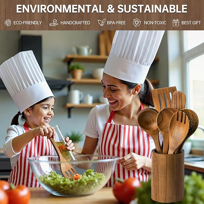 8 PCS Acacia Wooden Utensil Set with Holder, Spoon Rest, Durable Wooden Spoons for Cooking, Heat-Resistant, Comfort Grip,Easy to Clean, Non-stick Friendly, Ideal for Gifting