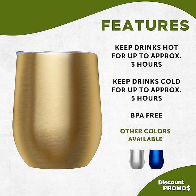 DISCOUNT PROMOS Stemless Wine Glass Tumblers with Lids by Largo 11 oz. Set of 6, Bulk Pack - Perfect for Wine, Cocktails, Other Hot & Cold Beverages - Gold