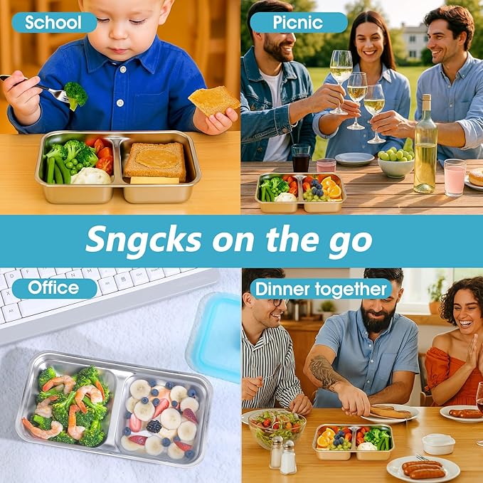 4PCS Metal Snack Containers with Lids, Reusable Stainless Steel Double Compartment Snack Box, Grab and Go Food Containers Compartment box with Lids For Travel and Outdoor Camping