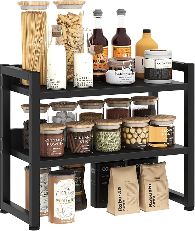 Kitchen Countertop Shelf Organizer, 3 Tier Large Kitchen Storage Spice Rack Cabinet Organizer with Metal Leg for Countertop Pantry, Coffee Bar Organizer, Bathroom Countertop Organizer, Black