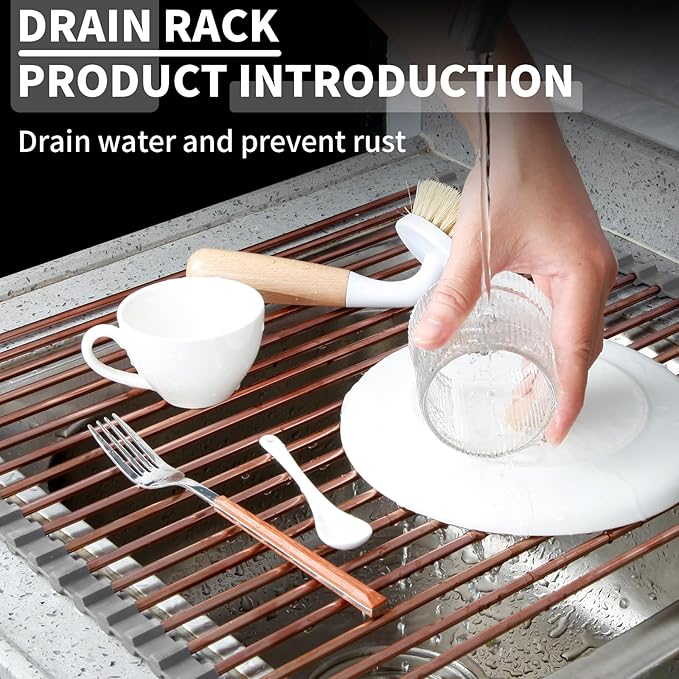 15.74" x 17"Large Roll Up Dish Drying Rack Over The Sink Dish Drying Rack,Stainless Steel Multipurpose Foldable Dish Drying Rack with Anti-Slip Silicone for Kitchen Counter Drainer,Rose Gold