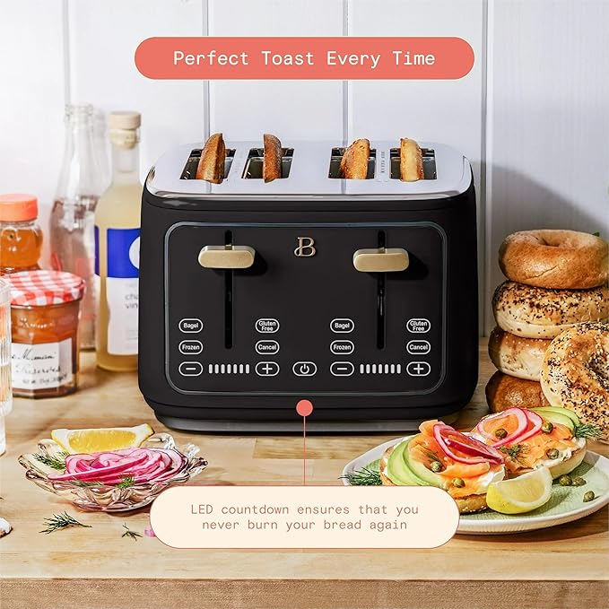 Beautiful 4-Slices Toaster with Touch-Activated Digital Display, Extra-Wide Self-Adjusting Slots, Adjustable Shade Control by Drew Barrymore (Black Sesame)