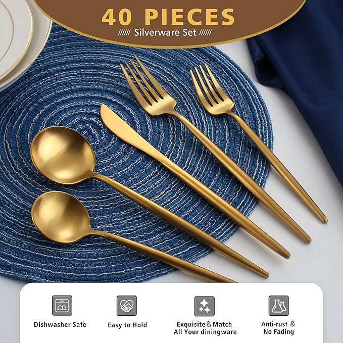 Matte Gold Silverware Set, Oliviola 40-Piece Stainless Steel Flatware Cutlery Set Service for 8, Satin Finish Kitchen Utensil Set, Dishwasher Safe…