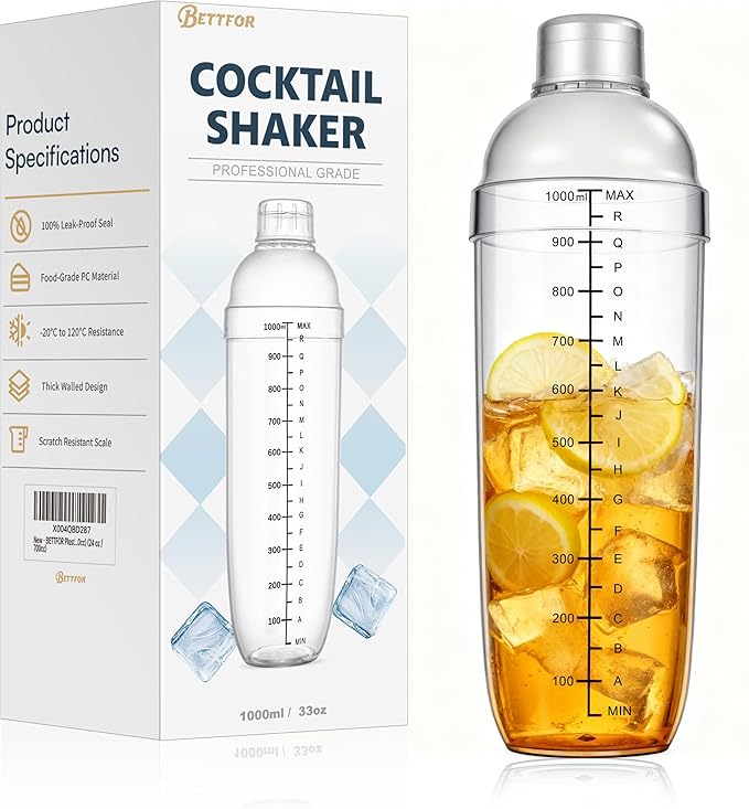 Plastic Cocktail Shaker with Measuring Scale 33oz (1000ml), Leak-Proof & Shatter-Resistant Drink Mixer for Bartending, Protein Shakes, Iced Coffee & Milk Tea