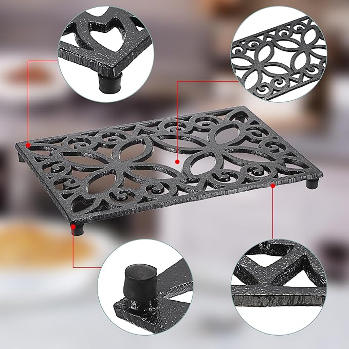Sumnacon 9.4 x 6.1 Inch Cast Iron Trivet 2 Pack Iron Trivets for Hot Dishes Pots Pans Plates Teapots with Rubber Feets, Sturdy Metal Trivet for Kitchen Dining Table Cooktop, Black