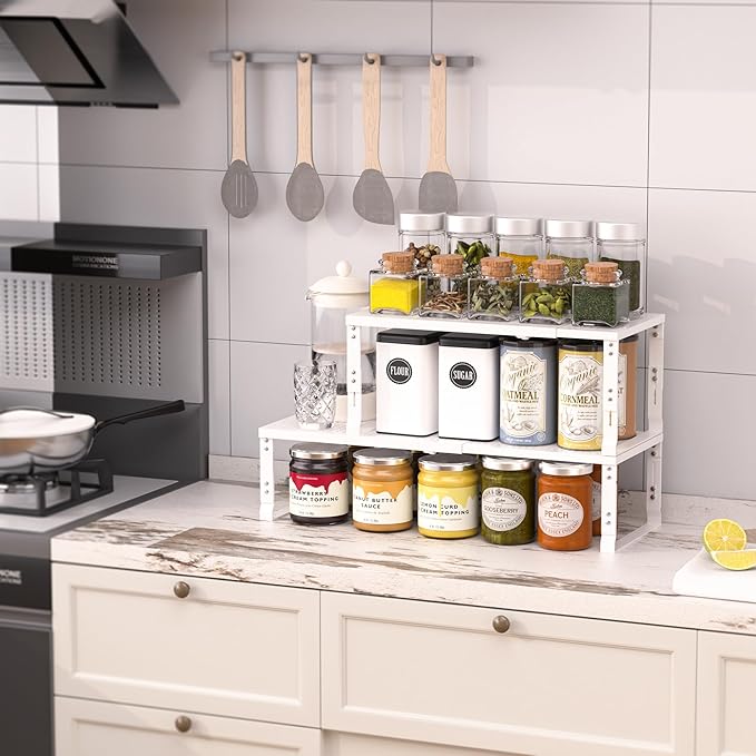 Heavy-Duty Adjustable Metal Shelf Organizer - Expandable & Stackable Pantry Storage Rack for Kitchen, Bathroom, RV, Cabinets(3 Packs/White,Medium)