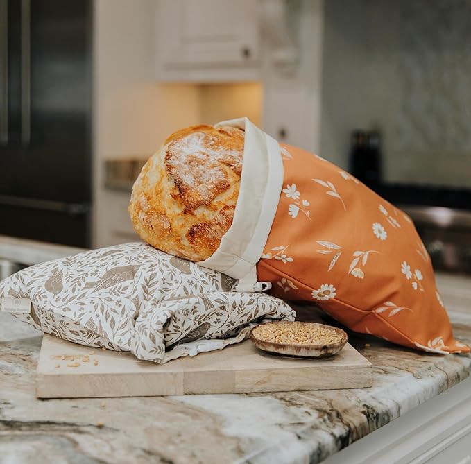 Reusable Beeswax Bread Bag 2 Pack –12x17 Bread Bag for Homemade Sourdough, Beeswax Coated Organic Cotton Storage Bag for Loaf Baguette, Freezer Safe, Eco-Friendly Wrap Birds