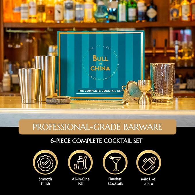 Shaken & Stirred Cocktail Set by Bull in China - Premium Bartender Gift Set w 2 Piece Weighted Shaker, Hammered Jigger, Hawthorne Strainer, Fine Mesh Strainer, Mixing Glass & Barspoon (Rainbow Chrome)