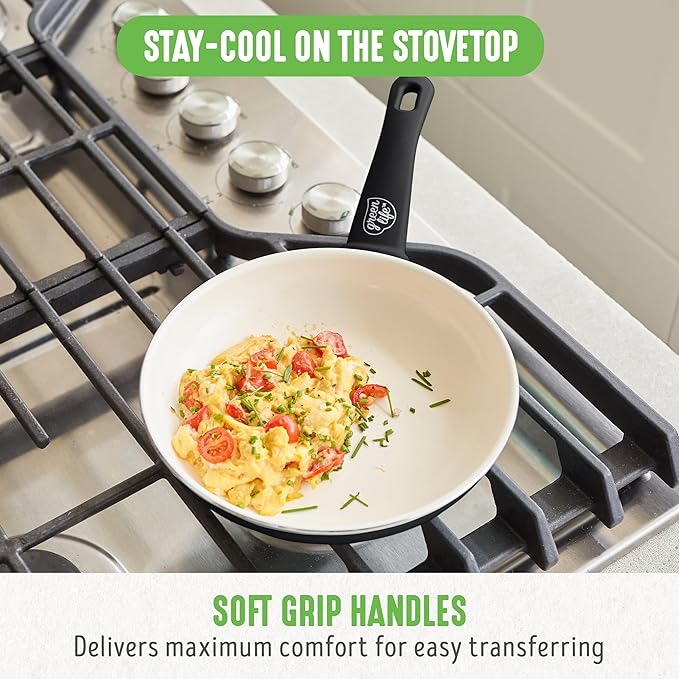 GreenLife Soft Grip 8” Frypan Skillet and Spatula Breakfast Cookware Set, PFAS-Free Ceramic Nonstick, Silicon Spatula with Bamboo Handle, Egg Omelette Bacon, Dishwasher Safe, Stay-Cool Handles, Black