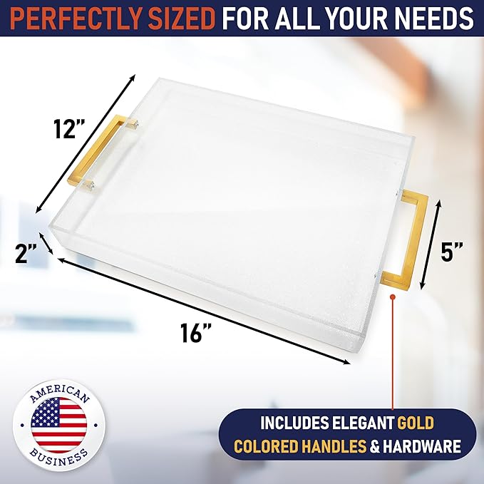 Acrylic Serving Tray with Gold Handles, 16" x 12" Decorative Tray for Coffee Table, Spill-Proof Food and Drink Server. Multipurpose for Ottoman, Kitchen, Vanity, Countertop, Party Use (Clear Glitter)