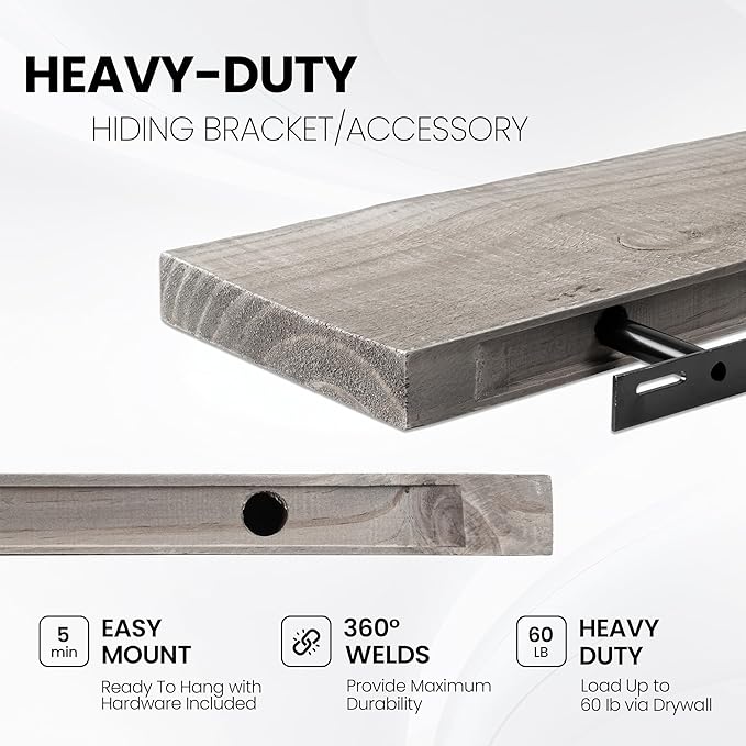 Fun Memories Floating Shelves for Wall Dec, 48"x8" Rustic Reclaimed Wood Shelves, Heavy-Duty Wall Mounted Shelves with Invisible Brackets for Living Room, Bedroom, Kitchen, Grey Finish, Set of 2