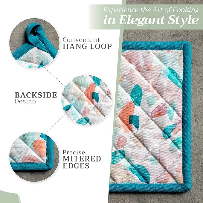 Maison d' Hermine Pot Holders 100% Cotton Heat Resistant Potholders 8" x 8" Hot Pads with Loop BBQ, Cooking, Baking, Grilling, Kitchen, Handling Hot Pans Spring/Summer (Pack of 1, Summer Picnic)