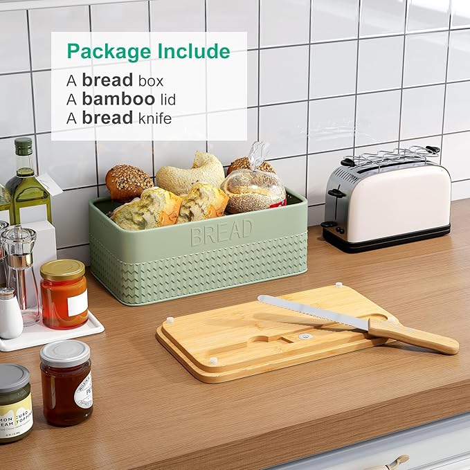 Bread Box for Kitchen Countertop, Large Bread Storage Container with Bamboo Lid, Iron Farmhouse Bread Box for Your House, Green