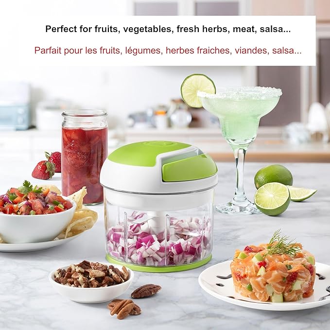 Starfrit Pull Chopper - Multi Purpose Manual Food Processor - Three Blade System for a Faster Cut - From Large Chunks to Purée - Self-Retracting Cord - Fruits, Vegetables, Meats and Crushes Ice