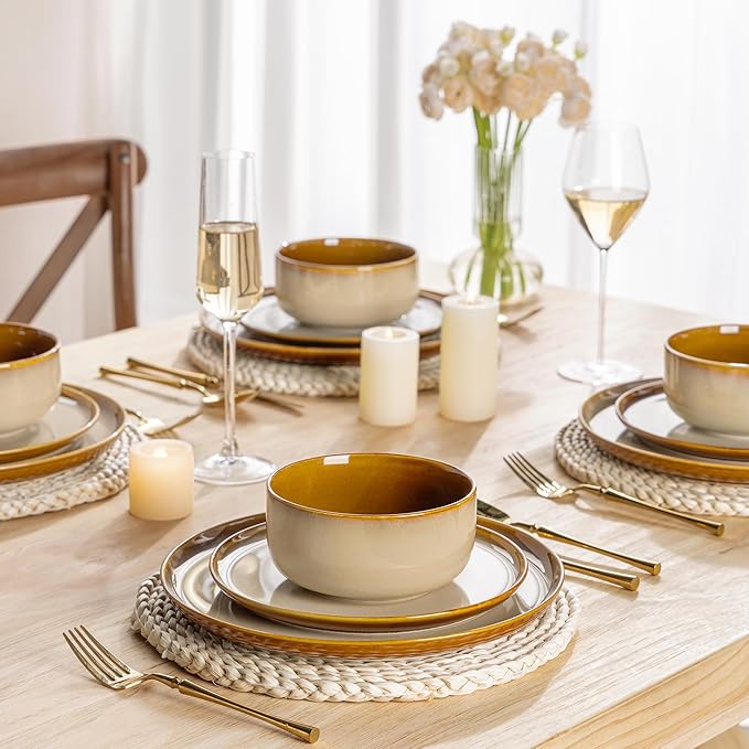 LERATIO Ceramic Dinnerware Sets for 4,16-PieceReactive Glaze Plates and Bowls Set with Mugs,Highly Chip and Crack Resistant | Dishwasher,Microwave & Oven Safe Dishes set-Kahki